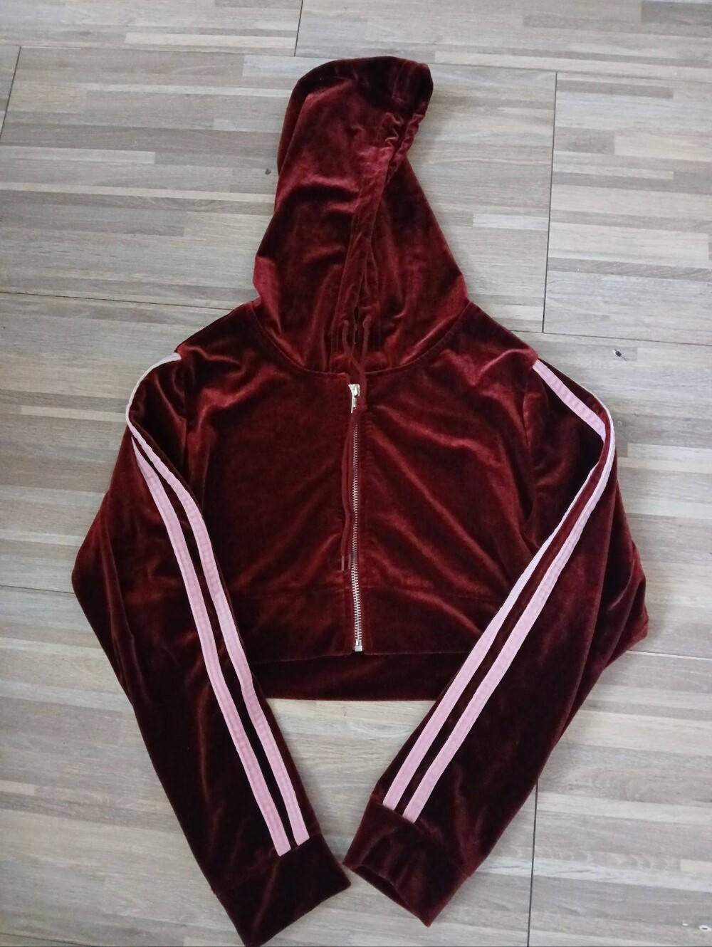 Rue21 Burgundy Velvet Cropped Hoodie with Pink Sleeve Stripes